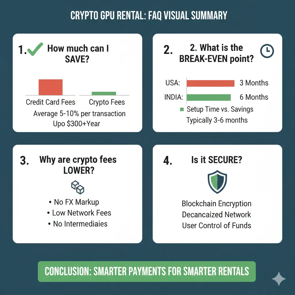 Resumen visual de FAQ mostrando las diez preguntas más comunes sobre tarifas internacionales de alquiler de GPU con breves destacados de respuesta e iconos para cada tema