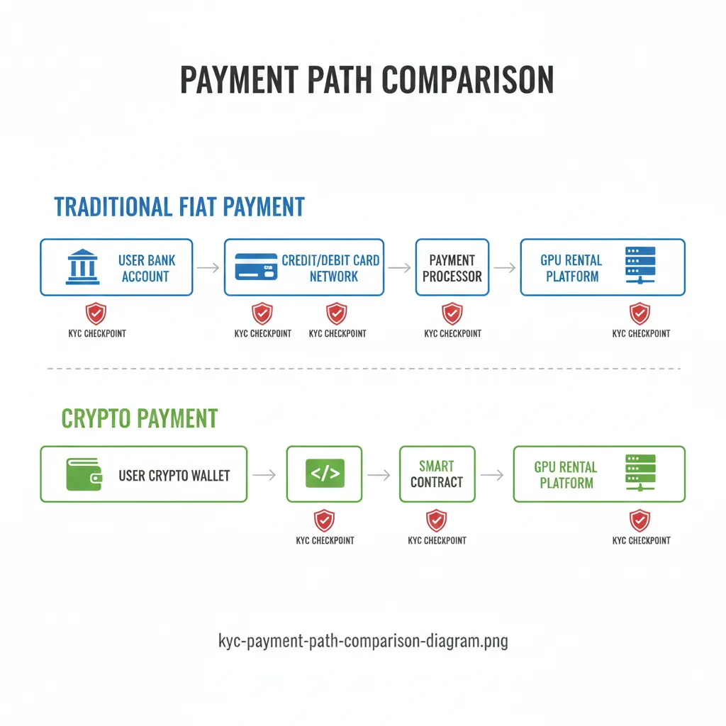 Diagram showing two parallel paths to GPU rental: traditional payment path flowing through bank, card network, payment processor, and platform with KYC checkpoints at each stage versus cryptocurrency path flowing directly from wallet to smart contract to GPU with no verification checkpoints