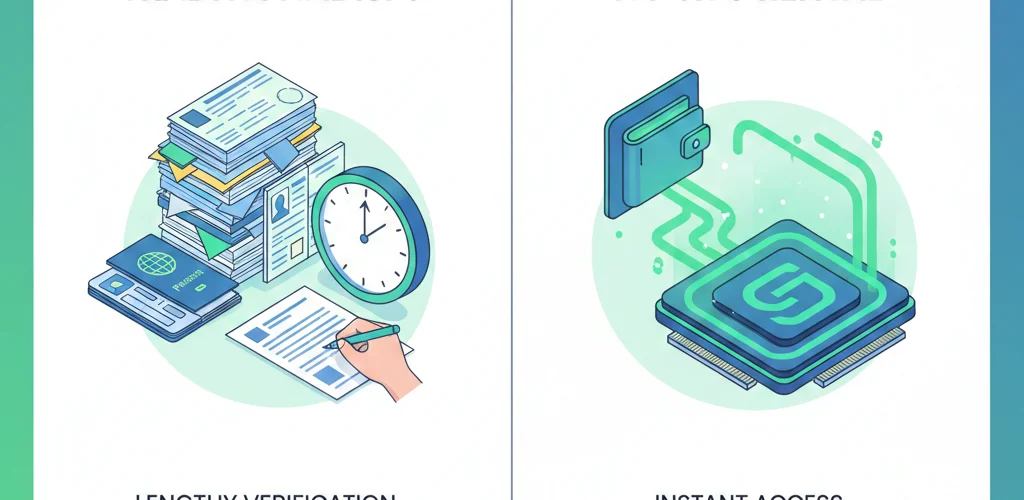 Split screen showing traditional GPU rental with passport and identity documents versus no-KYC rental with only a cryptocurrency wallet connection