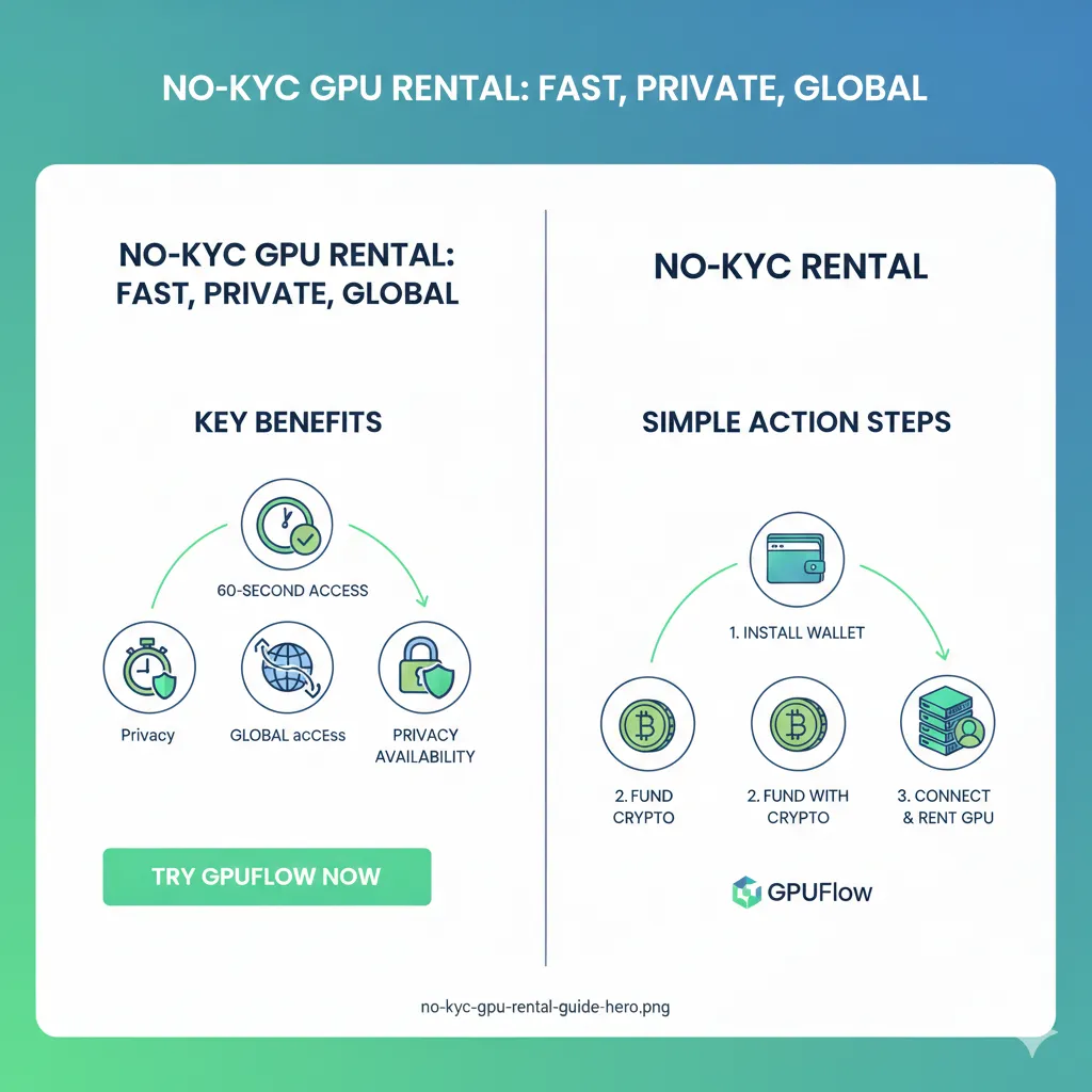 Summary infographic displaying three key benefits of no-KYC GPU rental (60-second access, global availability, privacy protection) alongside three action steps (install wallet, fund with crypto, connect and rent) with GPUFlow logo and call to action